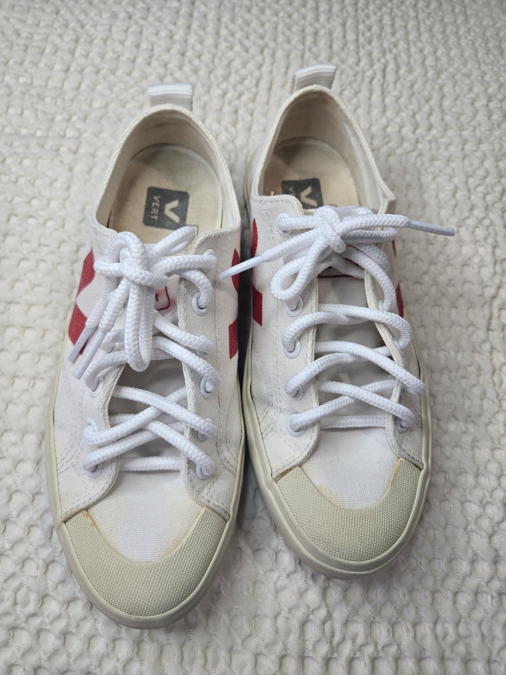 Veja White Canvas Sneakers with Red V Stripes